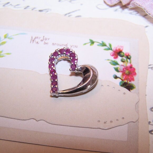 Vintage Ross Simons Sterling Silver Ruby Sliding Heart Pendant - Picture 4 of 8